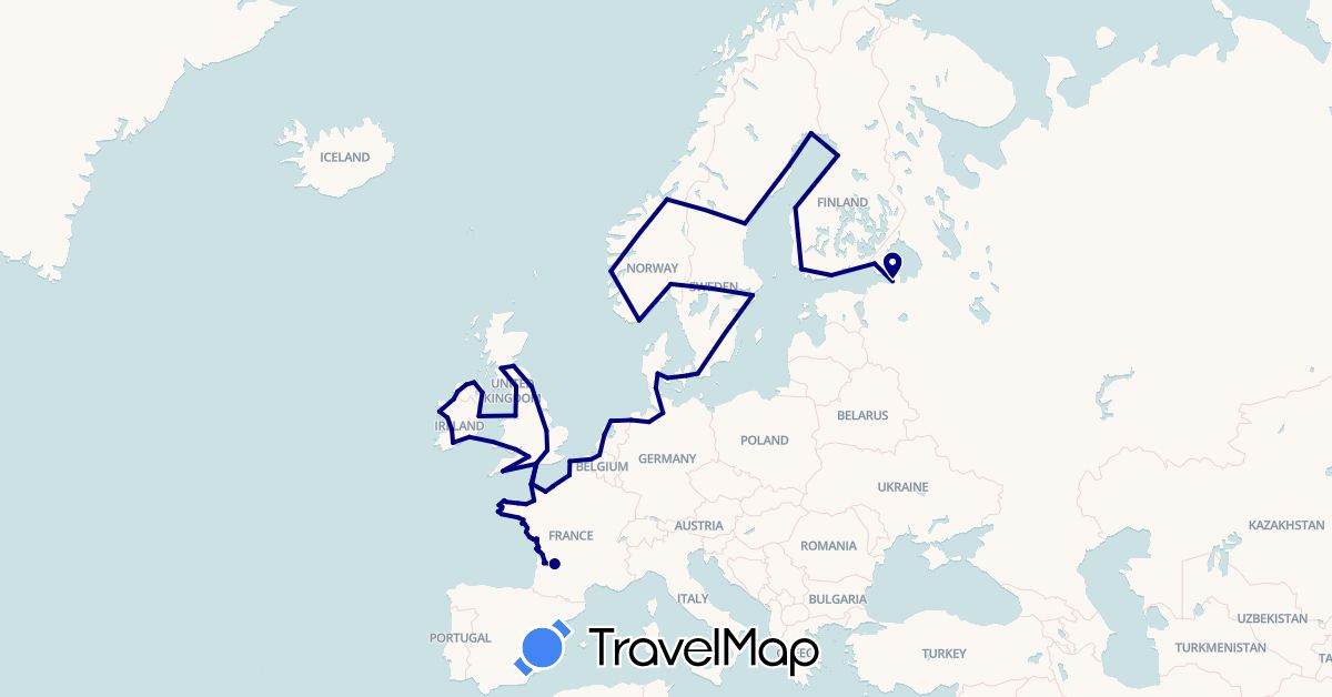 TravelMap itinerary: driving in Belgium, Germany, Denmark, Finland, France, United Kingdom, Ireland, Netherlands, Norway, Russia, Sweden (Europe)